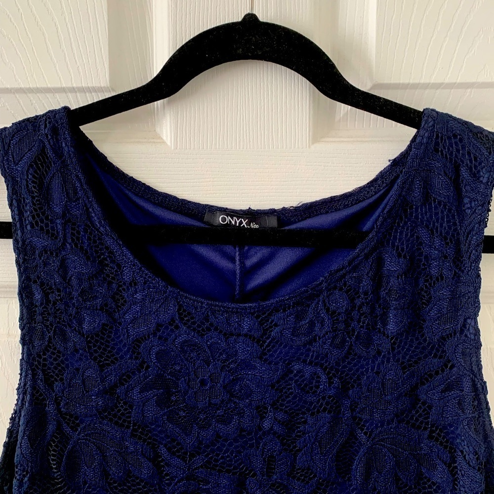 Onyx Nite 2 Piece Navy Blue Lace Overlay Dress - Picture 5 of 6